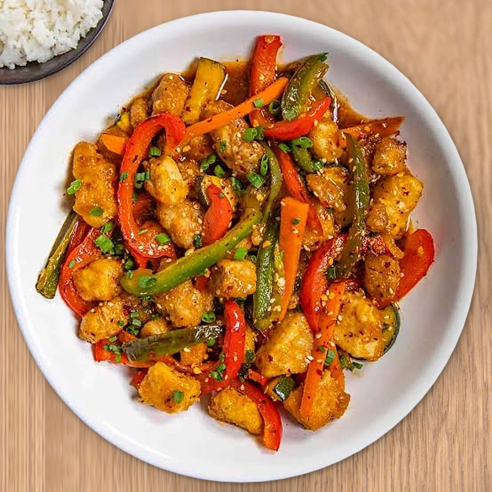 Gà xào ớt — chilli chicken stir-fried with red and green peppers, carrot and spring onion, with steamed rice on a wooden table